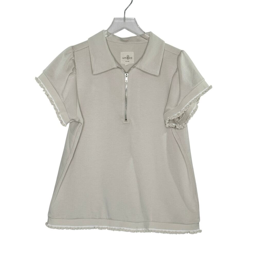 Umgee Frill Hem Half Zip Collared Blouse Top M Cream Short Sleeve Casual